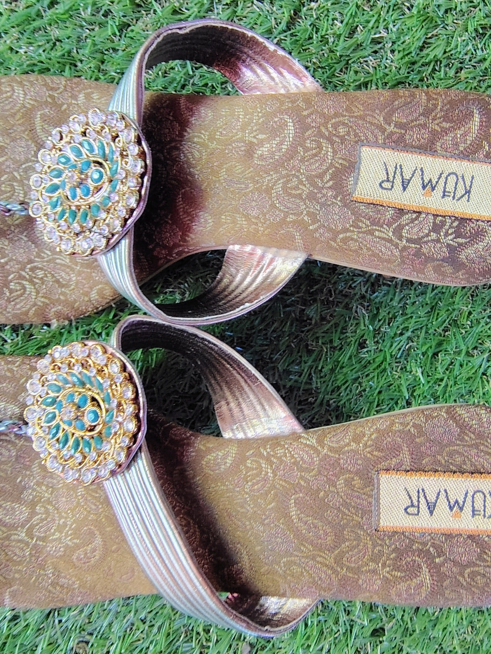 Ritu Kumar Gold and Teal Embellished Wedge Sandals